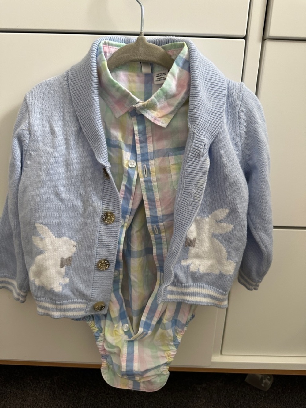 Light Blue Bunny Cardigan with Pastel Plaid Button Down Onesie